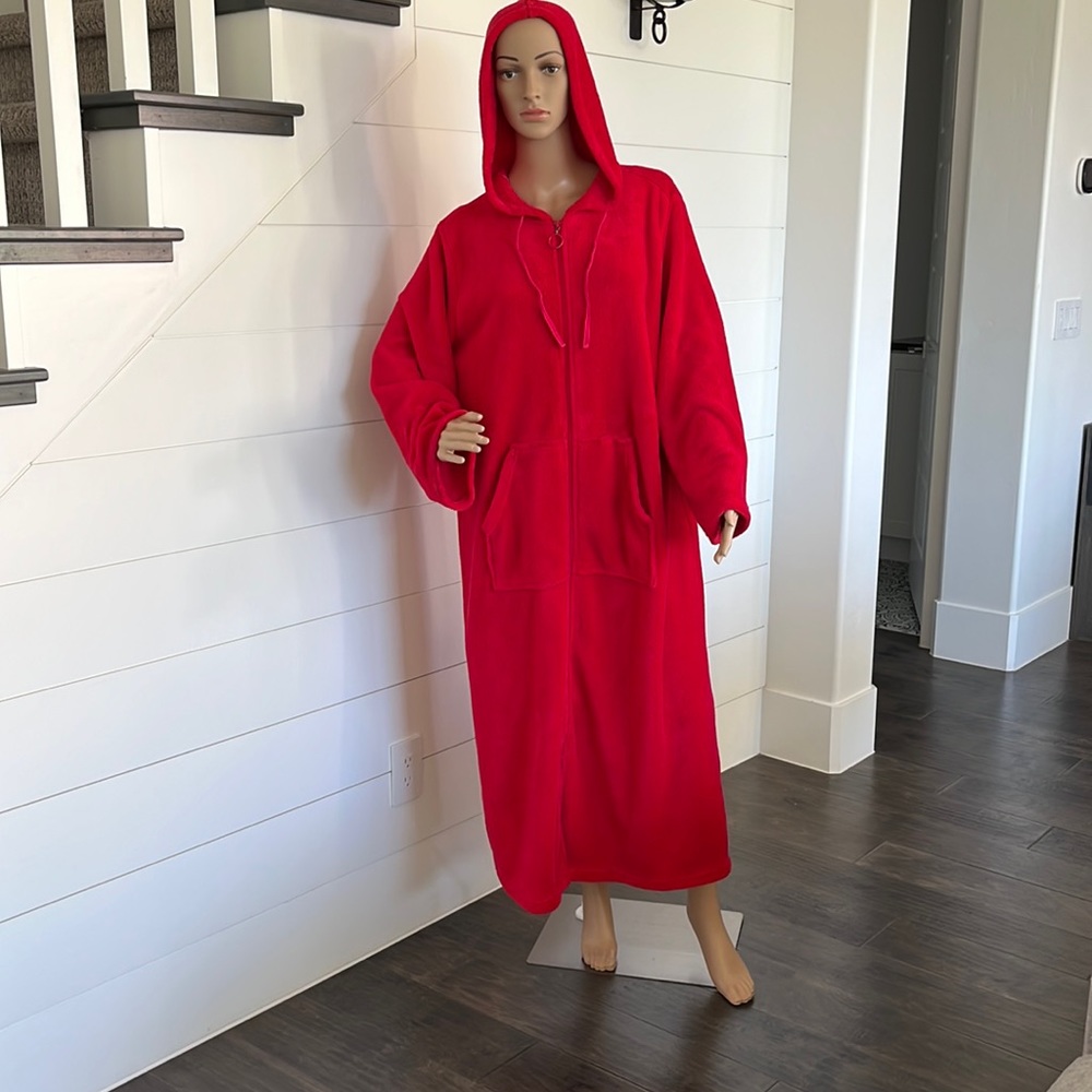 Red, hooded zipper robe